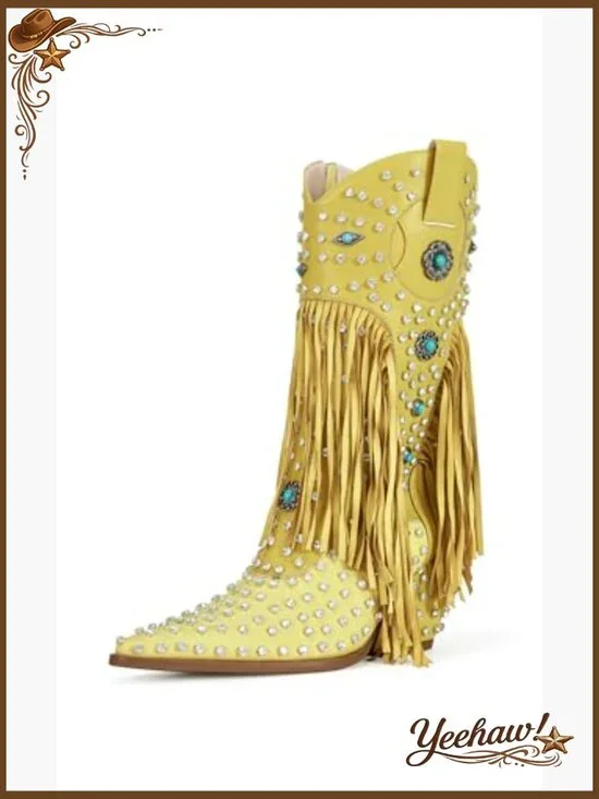 Fringe Cowboy Boots Rhinestone Embellishments Mid Calf Western Booties - Picture 4 of 7